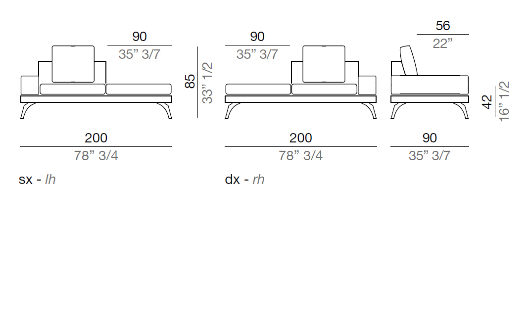 Mussi Acanto Element with terminal pouf and 20 cm low armrest, 200 cm - B20_T200_PF90