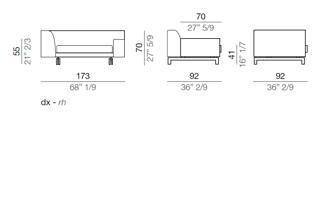 Mussi Alexander Sofa with high and low armrest 173 cm - AB173*