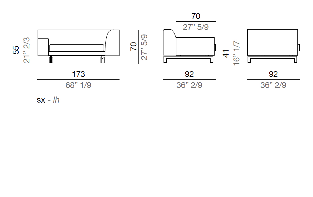 Mussi Alexander Sofa with high and low armrest 173 cm - AB173*