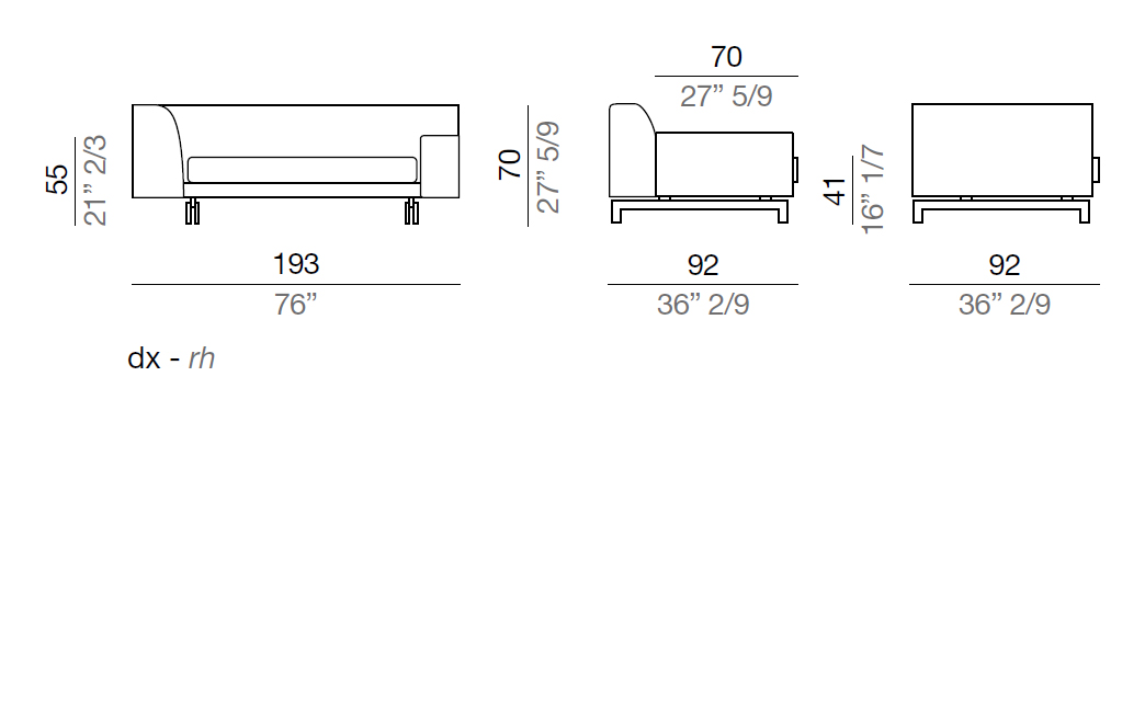 Mussi Alexander Sofa with high and low armrest 193 cm - AB193*