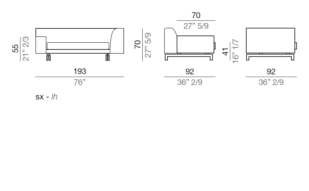 Mussi Alexander Sofa with high and low armrest 193 cm - AB193*