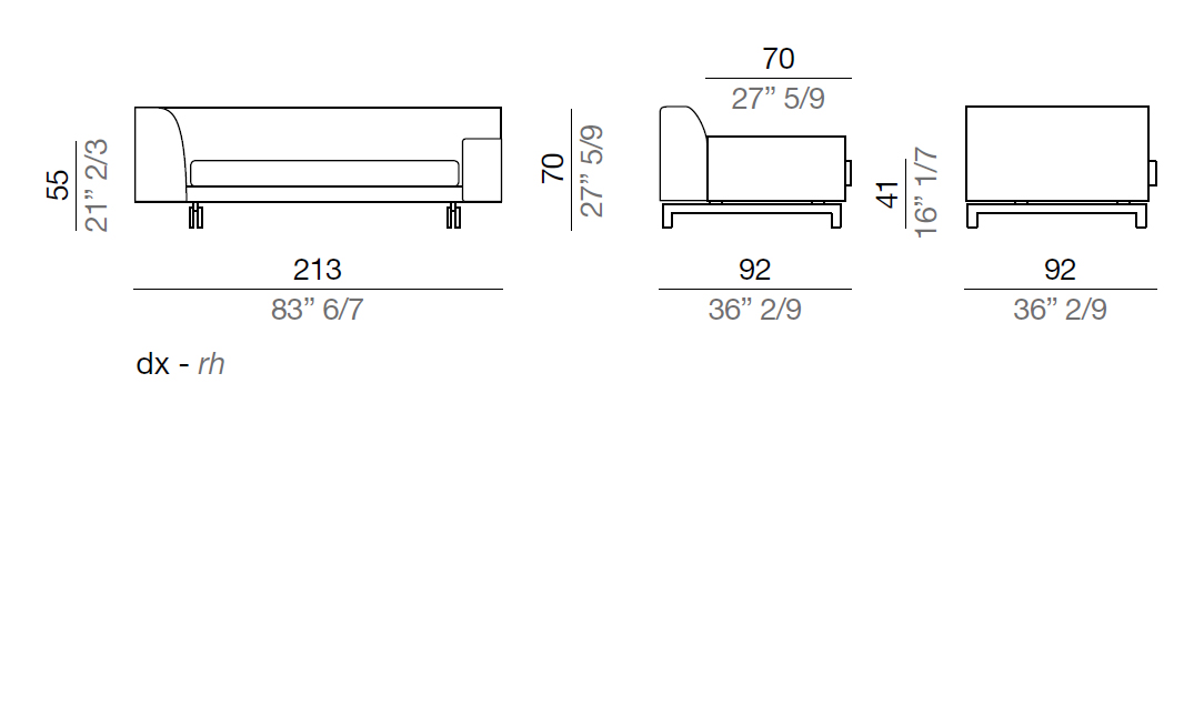 Mussi Alexander Sofa with high and low armrest 233 cm - AB233*