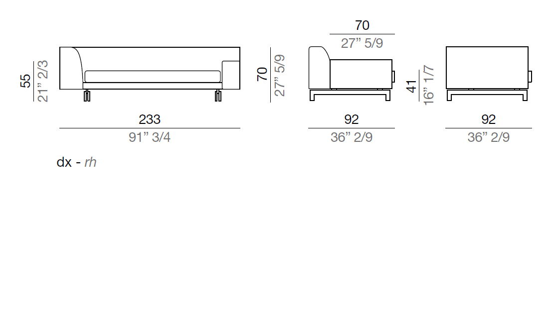 Mussi Alexander Sofa with high and low armrest 233 cm - AB233*