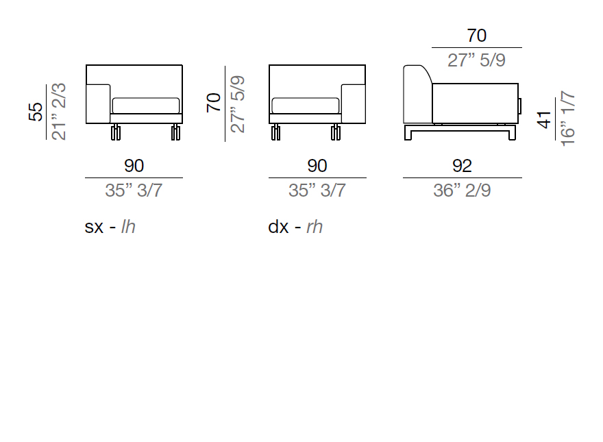 Mussi Alexander Terminal element with low armrest 90 cm - TB90